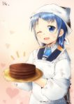  ;d apron bangs blue_eyes blue_hair blush cake chocolate_cake dated dirty_clothes eyebrows_visible_through_hair food gradient gradient_background heart highres kantai_collection kappougi long_hair mae_(maesanpicture) no_gloves notice_lines one_eye_closed open_mouth sailor_collar samidare_(kantai_collection) smile solo swept_bangs tenugui tray twitter_username upper_body very_long_hair 
