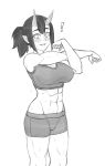  ! 2019 abs big_breasts breasts clothed clothing demon female hair horn humanoid midriff monochrome muscular muscular_female not_furry pointy_ears ponytail shirt shorts solo sweat tank_top twrlare 