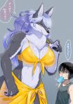  2018 age_difference anthro big_breasts black_hair breasts canine clothed clothing duo eating eye_contact female food fur grey_background grey_fur hair human japanese_text larger_female male mammal mature_female midriff older_female popsicle shirt silver_hair simple_background size_difference smaller_male smile sweat tank_top text translation_request white_fur yamame513 yellow_eyes young younger_male 