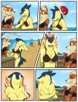  2018 anthro arcanine beach bikini breasts canine clothed clothing comic convenient_censorship covering covering_breasts detailed_background digital_media_(artwork) female fire infinitedge2u lucario mammal nintendo outside pok&eacute;mon pok&eacute;mon_(species) scyther sea seaside smile swimsuit topless typhlosion video_games voltorb wardrobe_malfunction water 