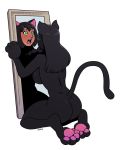  2016 anthro big_breasts black_hair blackshirtboy breasts butt cat feline female green_eyes hair implied_transformation kneeling long_hair mammal mirror nude open_mouth simple_background solo surprise white_background 
