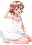  :d armpits bare_legs bare_shoulders barefoot between_legs blush breasts brown_eyes brown_hair cleavage commentary_request dress flower full_body hair_flower hair_ornament hand_between_legs hand_on_own_head looking_at_viewer misaka_mikoto open_mouth puma_(hyuma1219) seiza short_hair simple_background sitting small_breasts smile solo spaghetti_strap to_aru_kagaku_no_railgun to_aru_majutsu_no_index upper_teeth white_background white_dress 