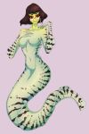  anthro big_mouth breasts eel eyewear featureless_breasts female fernybee fish glasses hair marine merfolk moray_eel navel nude red_eyes sharp_teeth simple_background solo teeth 