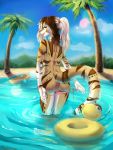  2018 anthro bikini blue_eyes brown_fur brown_hair clothing day detailed_background eyelashes feline female fur hair mammal outside poof-poof pussy sky smile solo standing swimsuit tan_fur tiger water 