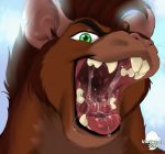  anthro brown_fur buckteeth drooling fur gaping_mouth green_eyes imminent_vore looking_at_viewer male male_pred mammal mouth_shot nacho open_maw open_mouth rat rodent saliva simple_background solo teeth tongue tongue_out vore voregence 