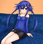  ankokuboshi_kurome bike_shorts blue_hair blue_tank_top commentary_request couch g.g._shou hair_ornament hairclip neptune_(series) open_mouth orange_background purple_eyes sitting 