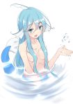  :d bangs blue_eyes blue_hair blush breasts collarbone commentary_request eyebrows_visible_through_hair hair_between_eyes hair_censor hair_over_breasts head_fins highres kiyomin long_hair looking_at_viewer medium_breasts mermaid monster_girl nude open_mouth original partially_submerged sidelocks smile solo very_long_hair water webbed_hands wet white_background 