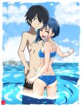  1boy 1girl ass bikini black_hair blue_bikini blue_eyes blue_hair breasts chris_re5 couple darling_in_the_franxx day female green_eyes hetero high_resolution hiro_(darling_in_the_franxx) ichigo_(darling_in_the_franxx) male ocean one_eye_closed shirtless_(male) short_hair small_breasts standing swimsuit 