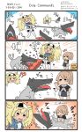  &gt;_&lt; 2girls 4koma =_= ? belly_rub black_shirt blonde_hair blue_shirt bowl brown_hair closed_eyes comic commentary dog_food doughnut eating emphasis_lines english flying_sweatdrops food gambier_bay_(kantai_collection) gloves highres holding holding_food intrepid_(kantai_collection) kantai_collection leash long_hair megahiyo multicolored multicolored_clothes multicolored_gloves multiple_girls neckerchief open_mouth pet_bowl ponytail rope shinkaisei-kan shirt short_hair short_sleeves shorts smile sparkle speech_bubble tail tail_wagging teeth tongue tongue_out translation_request twintails twitter_username white_neckwear white_shorts 