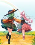  blue_sky boots brick_road commentary_request day field flower flower_field fox_mask frilled_sleeves frills green_hair green_skirt hat hata_no_kokoro heart heart_of_string komeiji_koishi long_hair mask miniskirt multiple_girls outdoors pink_footwear pink_hair pink_skirt plaid plaid_shirt rainbow shirt skipping skirt sky sleeves_past_fingers sleeves_past_wrists terrajin third_eye touhou wide_sleeves yellow_shirt 