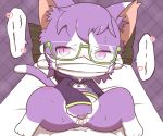  &lt;3 2018 bed cat cat_busters clothed clothing eyewear feline female fingering fur glasses kaitendo mammal masturbation partially_clothed pattern_background paws pink_eyes purple_background purple_fur pussy pussy_juice simple_background spread_legs spreading vaginal vaginal_fingering white_fur wood 