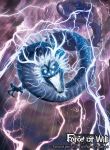  copyright_name dragon dragon_horns dragon_tail electricity fangs force_of_will glowing glowing_eyes horns ippei_soeda no_humans official_art open_mouth rain solo tail 