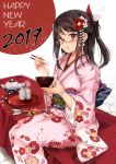  1girl 2019 absurdres arrow bangs bowl brown_hair chinese_zodiac chopsticks commentary_request cup eating ema floral_print flower hair_flower hair_ornament hair_ribbon hamaya hand_up happy_new_year highres holding holding_bowl holding_chopsticks japanese_clothes kanzashi kikumon kimono long_hair long_sleeves looking_at_viewer maki_(maki_pei) new_year obi one_side_up original pink_kimono print_kimono purple_eyes red_flower ribbon sash sidelocks sitting solo steam swept_bangs teapot tray white_flower wide_sleeves year_of_the_pig 