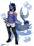  2016 admiral_keith badge big_tail blue_hair blue_skin boots bubble clothing digital_media_(artwork) ear_piercing eyebrows eyewear fangs fish fish_humanoid footwear glasses hair hands_behind_back humanoid keith_(lightsource) legwear lightsource long_hair looking_at_viewer male marine melee_weapon military_uniform pants piercing shadow shark shark_humanoid simple_background smile solo standing sword thigh_high_boots uniform weapon 