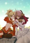  bare_shoulders blonde_hair blue_sky brick_wall bridal_veil commentary_request elbow_gloves fate/apocrypha fate/grand_order fate_(series) fist_bump frankenstein's_monster_(fate) gloves green_eyes hair_over_eyes horn mgk968 midriff mordred_(fate) mordred_(fate)_(all) multiple_girls navel one_eye_closed pink_hair ponytail short_hair side-by-side sitting sky smile twitter_username veil white_gloves 
