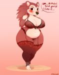  2018 3_toes animal_crossing anthro belly big_breasts biped blush breasts clothed clothing cracker_(artist) deep_navel digital_media_(artwork) english_text feet female freckles half-closed_eyes hedgehog legwear lingerie looking_at_viewer mammal navel nintendo overweight overweight_female pussy sable_able shy slightly_chubby smile standing text thick_thighs thigh_highs toes translucent transparent_clothing video_games voluptuous wide_hips 