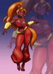  2018 anthro bare_shoulders belly_dancer big_breasts breasts cleavage clothed clothing collar cosplay dancing equine eyes_closed footwear full_body hair high_heels horn long_hair mammal midriff orange_hair orange_tail pants ponytail red_skin red_topwear shantae_(series) shoes simple_background smile standing toughset unicorn wrist_guards 