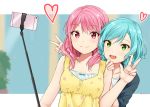  :d aqua_hair bang_dream! bangs bare_shoulders blurry blurry_background blush braid cellphone commentary_request eyebrows_visible_through_hair floral_print green_eyes hand_on_another's_shoulder heart hikawa_hina long_hair maruyama_aya multiple_girls open_mouth phone pink_eyes pink_hair self_shot selfie_stick sleeveless smartphone smile taking_picture tarachine twitter_username upper_body w wavy_hair 