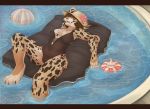  2017 4_toes 5_fingers anthro breasts brown_hair camel_toe chest_tuft claws clothed clothing day digital_media_(artwork) eyes_closed feline female fur hair hat hi_res lying lynx maid. mammal mature_female multicolored_fur nipple_bulge on_back outside pink_nose relaxing slightly_chubby smile solo spots spotted_fur swimsuit toe_claws toes translucent tuft water whiskers zaire_(nightdancer) 