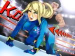  1boy 1girl all_fours black_hair blonde_hair blue_eyes blush bodysuit boris_(noborhys) boxing_gloves breasts clothed_sex doggystyle erect_nipples height_difference hetero highres large_breasts little_mac metroid mole nipples open_mouth ponytail punch-out!! samus_aran sex shorts skin_tight super_smash_bros. through_clothes vaginal zero_suit 