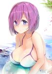  ball beachball bikini blue_eyes blush breast_rest breasts cleavage collarbone day expressionless eyes_visible_through_hair fate/grand_order fate_(series) hair_over_one_eye highres large_breasts looking_at_viewer mash_kyrielight petals purple_eyes purple_hair short_hair solo swimsuit upper_body water water_drop white_bikini xiaodi 