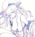  beret breasts cleavage collarbone commentary_request cucouroux_(granblue_fantasy) granblue_fantasy hair_ribbon hat koza_game long_hair monochrome ribbon sitting solo twintails 