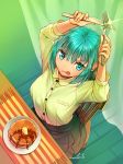  &gt;:) :q bangs blue_eyes blue_hair breasts chair commentary_request curtains dress_shirt eyebrows_visible_through_hair food fork from_above high-waist_skirt highres knife medium_breasts mitake_eiru original pancake plate school_uniform shirt shirt_tucked_in sitting skirt solo table tongue tongue_out v-shaped_eyebrows 