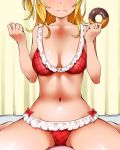  bare_arms bare_shoulders barefoot blonde_hair bow bow_panties bra breasts cleavage closed_mouth collarbone comic_girls commentary_request doughnut dr_rex food frilled_bra frilled_panties frills hands_up head_out_of_frame holding holding_food koizuka_koyume long_hair medium_breasts panties red_bra red_panties sitting smile solo underwear wariza 