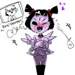  &lt;3 2015 animal_humanoid arthropod black_eyes black_hair blue_tongue blush clothing collar covering covering_self duo female hair human humanoid japanese_text lakilolom legwear mammal mostly_nude muffet open_mouth protagonist_(undertale) purple_skin ribbons solo_focus spider_humanoid standing stockings text translation_request undertale video_games 