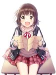  :d bangs blush brown_eyes brown_hair commentary_request dress_shirt eyebrows_visible_through_hair fingernails fringe_trim hair_ribbon holding jacket koko_wo_isekai_to_suru! long_sleeves looking_at_viewer neck_ribbon open_clothes open_jacket open_mouth plaid plaid_scarf plaid_skirt pleated_skirt red_ribbon red_skirt ribbon scarf shirt simple_background sitting skirt smile solo sweater_vest track_jacket upper_teeth white_background white_ribbon white_shirt yatomi 