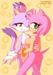  amy_rose anthro blaze_the_cat bracelet breast_squish breasts breasts_frottage butt cat cute dipstick_tail duo feline female female/female green_eyes hand_behind_back hand_on_hip hedgehog jewelry looking_at_viewer looking_back mammal mostly_nude multicolored_tail pinup pose side_boob simple_background smile sonic_(series) two_tone_body whygena yellow_background yellow_eyes 