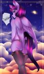  2017 absurd_res anthro bow butt clothed clothing cloud dialogue english_text equine eyebrows eyelashes feathered_wings feathers female friendship_is_magic hair hi_res horn legwear looking_at_viewer looking_back mammal moon multicolored_hair my_little_pony night panties portrait purple_eyes purple_feathers rear_view sky solo speech_bubble standing stockings text thigh_highs three-quarter_portrait twilight_sparkle_(mlp) underwear winged_unicorn wings yukomaussi 