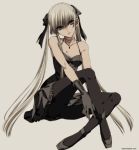  bangs bare_shoulders breasts brown_legwear cleavage dress eyebrows_visible_through_hair full_body gloves gothic grey_hair hair_between_eyes heterochromia jewelry knees_up long_hair looking_at_viewer misteor original pantyhose ribbon simple_background solo twintails watermark web_address 