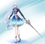  1girl blue_eyes commentary_request commission cosplay crossover kisara long_hair plain_background rwby sword weapon weiss_schnee white_hair yu-gi-oh! zelka94 