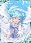  akkijin angel angel_wings blue_hair blue_sky card_(medium) cloud cloudy_sky day downblouse dress feathers flying gloves halo jewelry looking_at_viewer necklace official_art orange_eyes shinkai_no_valkyrie sky solo white_dress white_gloves wings 