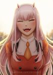  bangs breasts chizza closed_eyes commentary_request darling_in_the_franxx facebook_username facing_viewer fangs hairband highres horns laughing long_hair medium_breasts open_mouth orange_neckwear pilot_suit pink_hair red_horns solo white_hairband zero_two_(darling_in_the_franxx) 