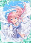  akkijin angel angel_wings blue_eyes blue_sky card_(medium) cloud cloudy_sky downblouse dress feathers flying gloves halo jewelry looking_at_viewer necklace official_art pink_hair shinkai_no_valkyrie sky solo white_dress white_gloves wings 