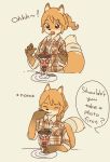  anthro black_eyes black_nose canine clothed clothing dessert eating english_text eyes_closed female flannel_shirt food fox fur hair kemono mammal open_mouth orange_fur orange_hair parfait_(dessert) plate s1120411 shirt simple_background smile solo speech_bubble spoon tail_wraps tan_fur text white_background wide_eyed wraps 