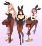  :d animal_ears ass_visible_through_thighs bare_shoulders between_breasts black_hair blue_eyes blue_hair blush bow braid breasts brown_legwear bunny_girl bunny_tail bunnysuit cleavage commentary_request detached_collar double_w eyebrows_visible_through_hair fake_animal_ears folded_leg full_body hair_ornament hairband hairclip high_heels highres higuchi_kaede kagami_uekusa large_breasts leaning_forward leg_up leotard long_hair looking_at_viewer multiple_girls necktie necktie_between_breasts nijisanji open_mouth outstretched_hand pantyhose ponytail purple_eyes shizuka_rin short_hair silver_hair simple_background sitting smile standing standing_on_one_leg stool tail thigh_gap tsukino_mito twin_braids very_long_hair virtual_youtuber w wrist_cuffs yellow_eyes 