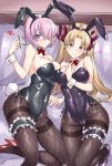  animal_ears bangs bare_shoulders black_leotard blonde_hair blush bow bowtie breasts bunny_ears bunny_girl bunny_tail bunnysuit cleavage collarbone commentary covered_navel detached_collar earrings ereshkigal_(fate/grand_order) eyebrows_visible_through_hair eyewear_removed fate/grand_order fate_(series) fishnet_pantyhose fishnets glasses hair_bow hair_over_one_eye heart high_heels hips infinity jewelry large_breasts lavender_hair leg_garter legs leotard long_hair looking_at_viewer lying mash_kyrielight medium_breasts multiple_girls on_bed pantyhose parted_bangs pillow purple_eyes red_bow red_eyes shirokuma_a short_hair smile strapless strapless_leotard tail thighband_pantyhose thighs two_side_up wrist_cuffs 