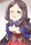  ;d bangs blue_bow blue_eyes blue_gloves blush bow breasts brown_hair collar commentary_request cowboy_shot cum cum_on_body cum_on_clothes cum_on_hair cum_on_upper_body dress dress_pull eyebrows_visible_through_hair facial fate/grand_order fate_(series) forehead frilled_collar frills gloves hair_bow leonardo_da_vinci_(fate/grand_order) looking_up nipples one_eye_closed open_mouth parted_bangs ponytail puffy_sleeves red_dress sasakura simple_background small_breasts smile solo star star_print 