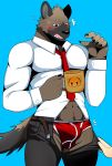  abs aggressive_retsuko ambiguous_gender anthro bearlovestiger13 blush briefs brown_fur bulge clothed clothing coffee_mug disembodied_hand dress_shirt embarrassed fur haida hyena male mammal muscular necktie pecs retsuko shirt simple_background surprise sweat sweatdrop tight_clothing underwear undressing unzipped_pants 