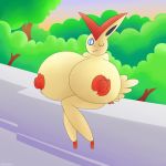  anthro anthrofied areola big_breasts blue_eyes breasts female fur hi_res huge_breasts hyper hyper_breasts kespuzzuo legendary_pok&eacute;mon nintendo nipples nude outside pok&eacute;mon pok&eacute;mon_(species) solo tree victini video_games 