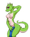  2018 anthro argonian breasts claws covering covering_crotch curls-her-tail eyelashes female green_skin hand_behind_head horn looking_at_viewer nipples nude pink_claws pink_eyes scalie simple_background skinny smile solo sorc standing teeth the_elder_scrolls towel video_games white_background 