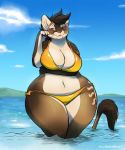  2017 big_breasts bikini blue_eyes blush breasts brown_fur brown_hair claws cleavage clothed clothing cloud countershading feline female fur gillpanda hair huge_breasts looking_aside mammal navel overweight pink_nose shy sky smile solo swimsuit tail_tuft tattoo thick_thighs tuft voluptuous water wet whiskers wide_hips yellow_sclera 