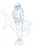  2018 anthro braided_hair breasts clothed clothing eyewear female fish footwear freckles garter_straps glasses hair hands_behind_back legwear long_hair looking_at_viewer marine nipple_bulge non-mammal_breasts panties pigtails school_uniform shark shirt shoes simple_background sketch skimpy skirt solo stockings thigh_highs underwear uniform wolfkidd young 