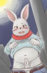  2011 anthro balls black_nose blush brown_eyes censored clothed clothing erection fur kota&acute; lagomorph looking_at_viewer male mammal navel open_mouth outside partially_clothed penis precum rabbit sky slightly_chubby solo standing white_fur 