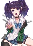  bangs black_legwear candy choker claw_pose diagonal_bangs fake_nails food green_jacket idolmaster idolmaster_shiny_colors jacket kanikou lollipop nail_polish purple_eyes purple_hair purple_nails short_twintails sitting skirt solo tanaka_mamimi thigh_strap thighhighs twintails wariza 