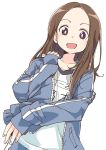  :d bangs blue_jacket blue_shorts blush brown_eyes brown_hair collarbone eyebrows_visible_through_hair fingernails forehead gym_shirt gym_shorts gym_uniform hand_up ixy jacket karakai_jouzu_no_takagi-san long_hair long_sleeves looking_at_viewer open_clothes open_jacket open_mouth parted_bangs shirt shorts simple_background sleeves_past_wrists smile solo takagi-san track_jacket white_background white_shirt 