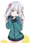  bangs blue_eyes blush bow closed_mouth cowboy_shot eromanga_sensei eyebrows_visible_through_hair fingernails green_jacket hair_bow head_tilt ixy izumi_sagiri jacket long_hair long_sleeves looking_at_viewer pink_bow silver_hair sleeves_past_wrists smile solo track_jacket white_background 